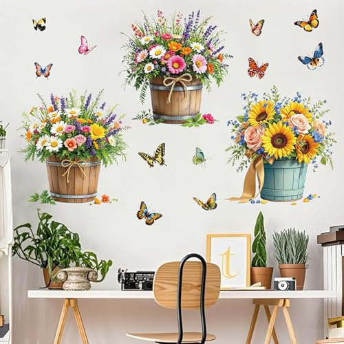FUFUQUARE Autocollants Muraux Pot de Fleurs Papillon Coloré Stickers Muraux Floraux en Bouquet Bonsaï Décoration pour Salon Cuisine Chambre à Coucher Porte Meubles