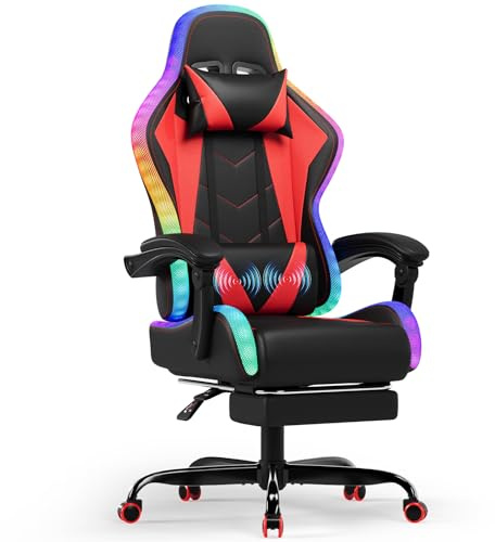 JUMMICO RGB Gaming Chair with Massage Lumbar Support & Footrest, Ergonomic Reclining Gamer Chair for Adults, High Back PU Leather PC Chair with LED Lights, Red