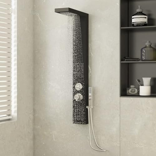 Système de douche mural avec pommeau de douche cascade, jets corporels et douchette à main pour une expérience de bain luxueuse