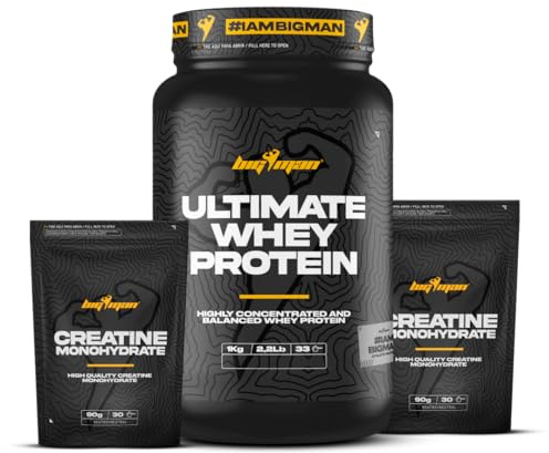 Pack BigMan Ultimate Whey Protein 1 kg + Creatina 180 gr | Proteína de suero de leche en polvo, Desarrollo de Masa Muscular y Recuperación, Fuerza, Resistencia. (1 kg, Fresa Plátano)