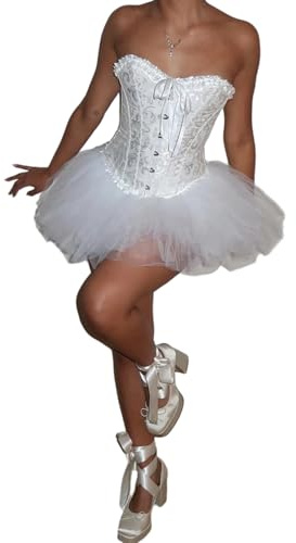 Feclmiyt Robe corset bustier surpoitrine pour femme Ensemble haut jupe en dentelle florale grande taille costume de cygne bustier d'Halloween avec jupe tutu en tulle (blanc, L)