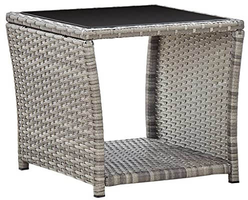 HaoChrymec Couchtisch Grau mit Poly Rattan und Glasplatte, Beistelltisch Outdoor, Loungetisch Garten, Kleiner Couchtisch, 45x45x40 cm