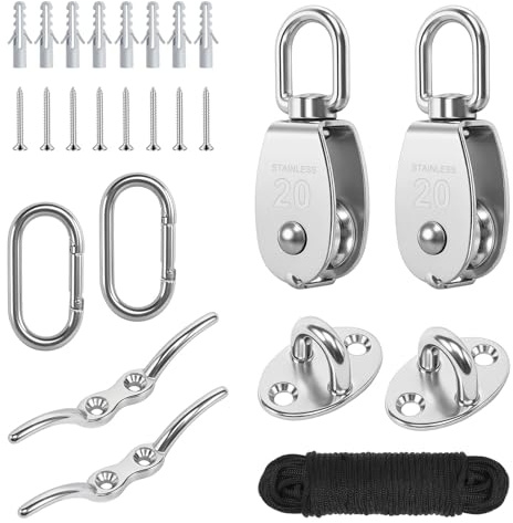M20 Stainless Steel Washing Line Pulley System, Crane Pulley Block with 20m Nylon Rope & Cleat Hooks, 360°Swivel Pulley Block Single Wheel Pulley System for Garage Garden Boat Home Use