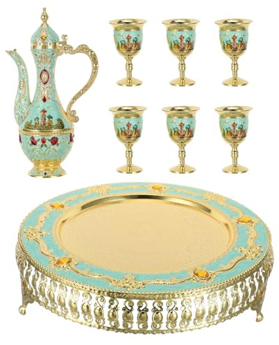 MAGICLULU Ensemble Cafetière Turque Vintage avec Plateau et Verres à Vin en Métal Décor Château Bleu pour Service à Thé et Vin pour Réceptions et Bar à Domicile Collection Marocaine