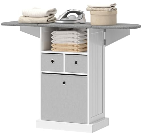 HOMCOM Mueble de Plancha con Ruedas, Tabla de Planchar Plegable, Mueble Planchador con 3 Cajones de Tela, Compartimento Abierto, 121x37x89,5 cm, Blanco
