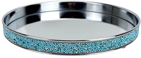 Dekotablett, Spiegeltablett aus Metall in Silber mit türkisen Glitzerperlen und Glassteinen bestückt - rund - Dekoschale, zur Präsentation von Vasen, Kerzen, Schmuck, Parfümflacons