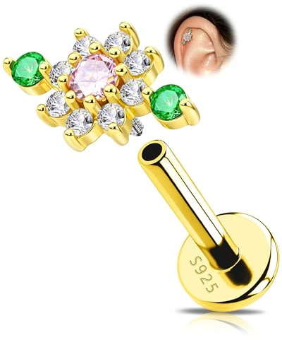 OUFER 925 Sterling Silber Blumen Helix Piercings Stecker 16G 6mm Tragus Conch Piercing Schmuck Klare Rosa Grüne Zirkonia Knorpel Ohrringe Innengewinde Labret Lippenpiercing Schmuck für Frauen
