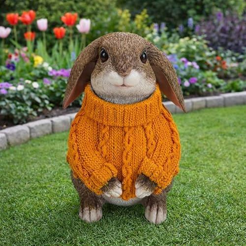 Online Fuchs Gartenfiguren für draußen süßer Hase mit Schlappohren und orangen Pullover - Deko Garten Figuren für Ostern, Frühling und Sommer – 19 cm groß – wetterfest