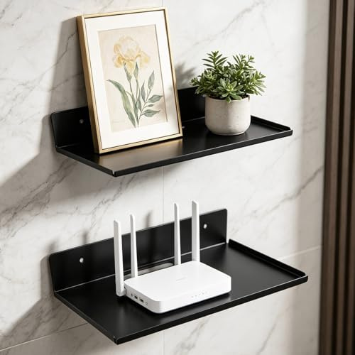 ComPDCVD Wandregal Schwarz 2 Stück Wandregal 23 x 15 cm Wandregals Metall | Ohne Bohren Schwebendes Bücherregal Regal Wand mit Kabelloch und Kabelclips für Wohnzimmer Küche Badezimmer Schlafzimmer