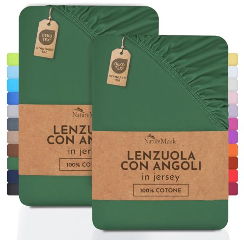 NatureMark Lenzuolo matrimoniale in jersey in confezione da 2 pezzi, lenzuolo matrimoniale 100% cotone QUALITÀ DEL ÖKOTEX Standard 100, 180 x 200 cm - 200 x 200 cm, Verde scuro