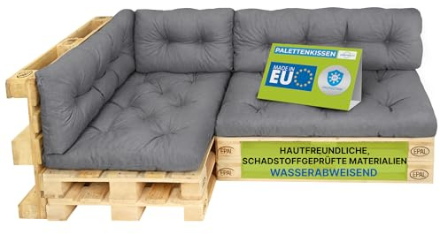 Pillows24 Palettenkissen 6-teiliges Set, Wasserabweisend & UV-fest | Palettenkissen Outdoor & Indoor für Europaletten 120x80, Palettenuflage für Palettensofa, für Garten, Made in EU, Grau
