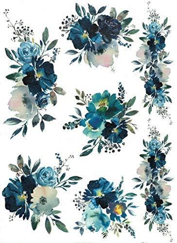 Zita`s Creative Reispapier A3 - Blue Flowers. Motiv-Strohseide, Strohseidenpapier, Decoupage Papier
