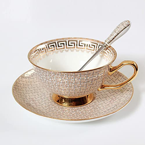 Pevfeciy Goldene Kaffeeservice Modern Kaffeetassen Set Ceramic Teetasse mit Untertassen und Löffel Kaffeebecher Geschenk für Ehefrau, Bone China Porzellan, 220ml