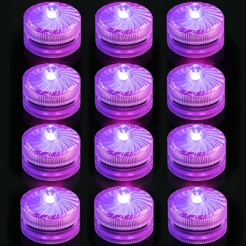Mini Unterwasser Licht, Lila Wasserdichte LED Teelichter, Batteriebetriebenes Flammenloses Wasserdichte Poollicht für Vase, Garten,Hochzeitsdekoration, Party, Aquarien, Schwimmbäder, 12 Stück
