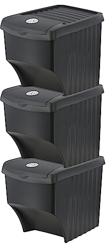 GEEZY Recycling Bins for Kitchen, Set of 3 Stackable Bins, 22L Capacity Each - Lidded Design, Conscious Waste Separation, Guided Stickers Included - Great for Indoor Outdoor Use & Family Waste Sorting