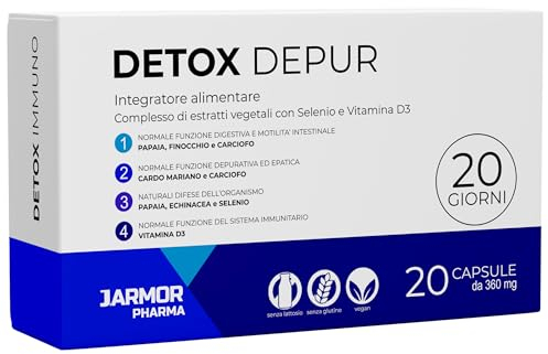 Detox Depur 20 Kapseln Leber Komplex – Mit Mariendistel, Artischocke, Fenchel, Papaya, Echinacea, Selen, Vitamin D3 - Normale Funktion der Leber– J.Armor Glutenfrei, Vegan