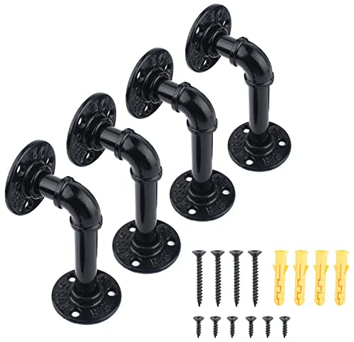 4 piezas de soporte de estante de tubería de hierro, Hyacinthy estantería de tubería industrial Soportes de estantería de tubería negra Estantes de tubería retro Estante de soporte de pared