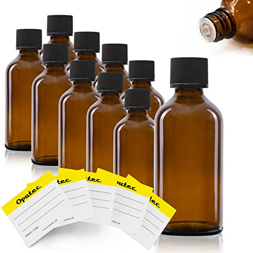 Oputec 10 x 50 ml Tropfflaschen aus Glas + 10 Beschriftungs-Etiketten - Braune Apothekerflaschen mit Tröpfler - Kleine Glasflaschen mit Schraubverschluss