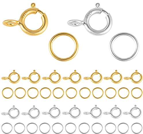 40 Stück Sterling Silber 925 Kettenverschluss Federverschlüsse, 20 Stück Federschnalle mit 20 Stück Offenen Biegeringe für Armbänder Halskette Verlängerungskette Schmuckherstellung (Silber, Gold)