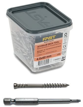 FAST deck-tool™ I Terrassenschrauben 4,8 x 60 mm I Rostfreier Stahl Güteklasse A4 / 4,8 x 60 mm I 200 Stück inkl. speziellem FAST Bit