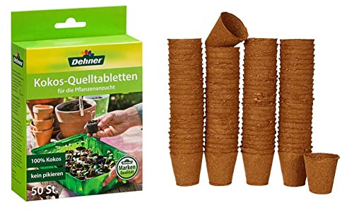 Dehner Kokos-Quelltabletten, mit Nährstoff-Mix, zur Anzucht von Stecklingen, Sämlingen und Saaten, Ø 38 mm, 50 Stück & Anzuchttöpfe für Pflanzen, rund, Ø 6 cm, 96 Stück