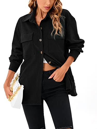 Jhsnjnr Womens Corduroy Jacket Casual Lapel Button Down Blouse Shirts Long Sleeve Shacket Tops