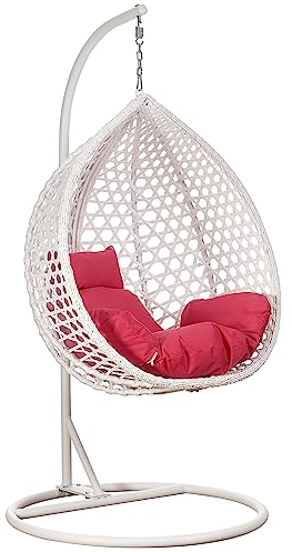 RAMROXX Luxus Hängesessel Style XXL Rattan Korb und Gestell Weiss mit Relaxkissen Pink