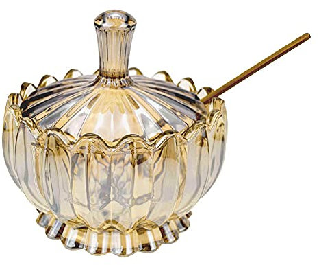 RockTrend Clear Glass Sugar Bowl Spice Jar Seasoning Box Condiment Pot with Lid Spoon-Amber