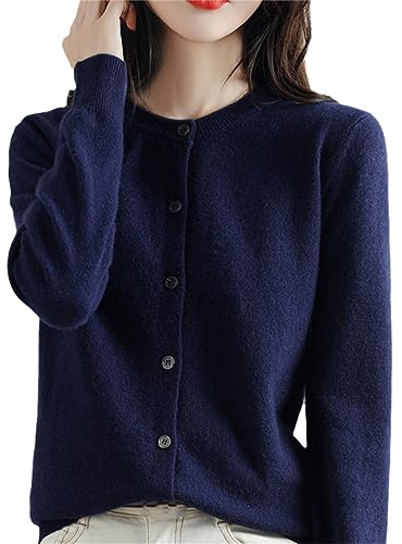 Damen-Strickjacke, Kaschmir, Rundhalspullover und Herbst, Winter, einfarbig, langärmelig, Strickwolle, dunkelblau, M