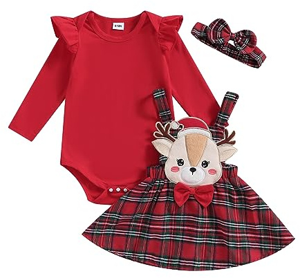 Vioyavo 3 Pezzi Completo Pagliaccetto Girocollo a Manica Lunga a Stampa Alce Gonna Scozzese per Invernale Tuta Vestitino Natale Neonata Elegante Principessa Rosso (Rosa, 0-3 Months)