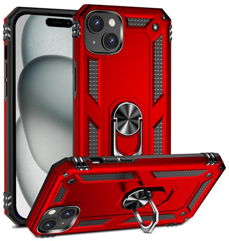 BestST Fodral för iPhone 15 fodral 6,1 tum, + HD härdat glas, slitstarkt stötsäkert skyddsfodral 2-i-1 hybrid PC TPU telefonfodral för Apple iPhone 15 fodral 6,1 tum, röd