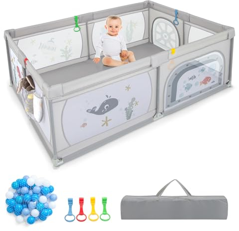 DREAMADE 200 x 140 cm Baby Laufstall, Laufgitter mit 50 Bällen & Tragetasche, Krabbelgitter für Kinder im Innen- & Außenbereich (Grau-Unterwasserwelt, ohne Matratze)