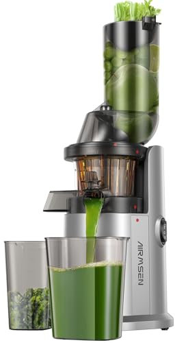 AIRMSEN Estrattore di Succo a Freddo, Slow Juicer con Apertura da 82mm per Frutta e Verdura Intere, Centrifuga frutta e verdura Senza BPA con Funzione Inversa/Facile da Pulire (Argento)