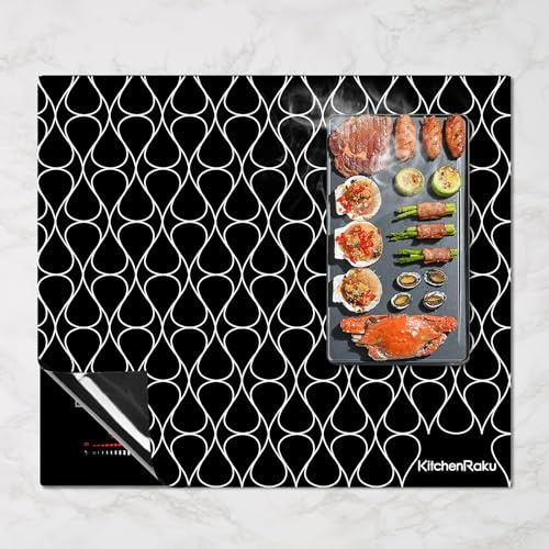KitchenRaku Scratch Resistant Induction Hob Protector Mat, 61 x 53 cm | Black Multiple Bow Shaped Pattern, for Magnetic Cooktops, Heat Resistant to 450℉, Anti-Scratch, Non Slip, Dishwasher Safe