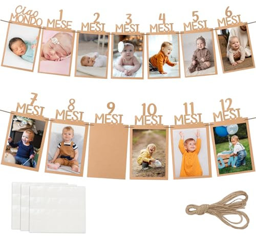 Decoración Cumpleaños 1 Año Italiano, Guirnalda Cumple Mes Bebé, Fotos 12 Meses 4″x6″, 13Pcs Tarjetas Cuerda 5m Aguja Plástico Pegamento, Pancarta Fiesta Regalo Recuerdo Recién Nacidos