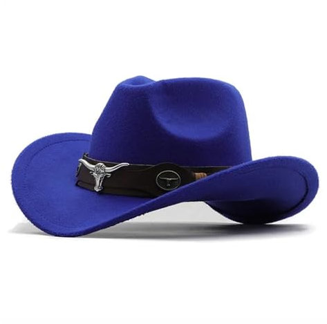 Westernhut Cowboyhut Rollkrempe Cowgirl Cap Cowboy Jazz Fedora Hut Filzmütze mit Kuhband für Damen Herren Kinder, blau, Adults 56-58cm