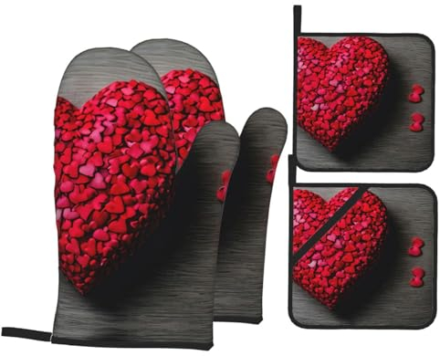 4 Pezzi Set Di Presine Da Cucina Falling Red Hearts Print Guanti Da Forno Morbida Guanti Da Cucina Divertenti Guanti Da Barbecue Per Cuocere, Bbq, Campeggio