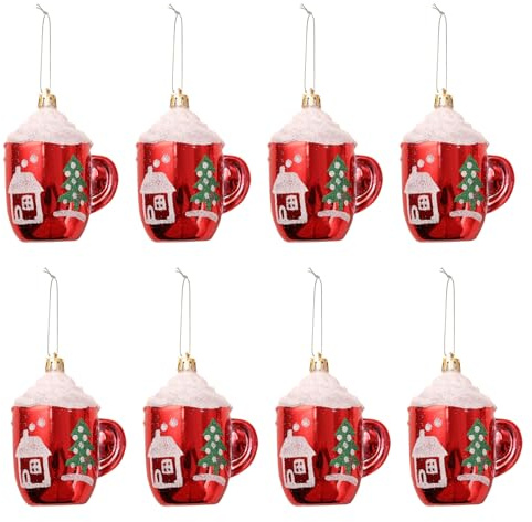 YIEUR 8 palline di Natale rosse e bianche con ciondolo natalizio, in plastica, 11 cm, con spago, decorazione natalizia, per alberi di Natale, decorazioni per finestre (tazze)