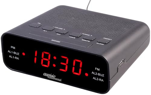 auvisio Uhrenradio: UKW-Radiowecker mit 2 Weckzeiten und LED-Anzeige, Schlummer-Funktion (LED Wecker, UKW Radio, Audio Kabel)