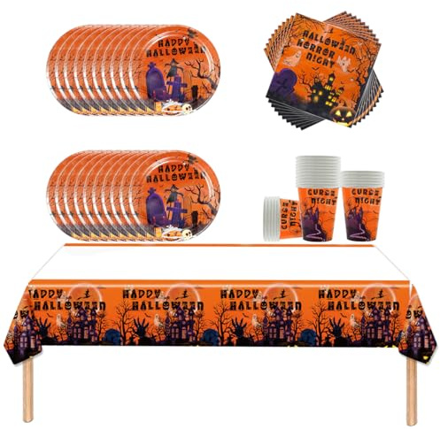 Fuwraixis 61 pièces de vaisselle pour Halloween,Décoration de table pour fêtes d'enfants,Comprend des serviettes, des nappes, des tasses et des assiettes,Peut servir jusqu'à 20 invités