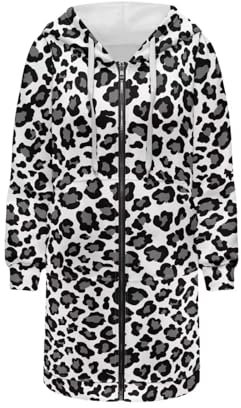 ZIATUBLES Sweat à capuche long avec poche pour femme, fermeture éclair sur toute la longueur, cordon de serrage, veste à capuche graphique, taille S à 3XL, Noir Gris Léopard 2, M