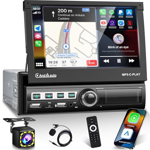 Autoradio 1 Din Navi con Schermo a Scomparsa Automatico con Senza Fili Carplay Android Auto, 7 Pollici Radio Stereo con Bluetooth/Mirror Link/FM/AUX/TF/USB/SWC+Backup Camera+Mic