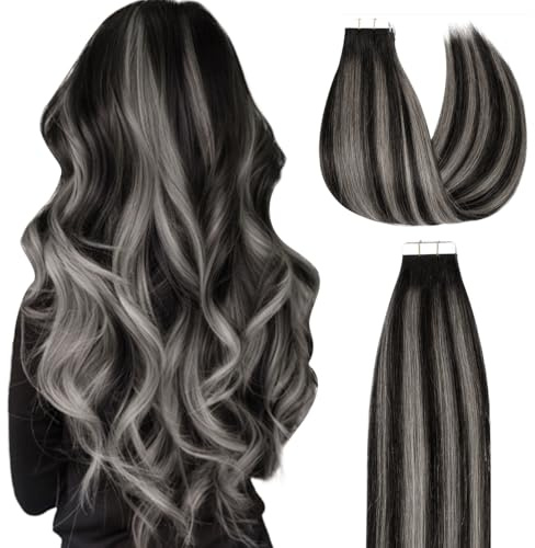 Lacer Grey Tape in Hair Extensions 18 Inch Natural Black to Silver Highlights Tape in Extensions with Natural Black Roots Color 20pcs/50g