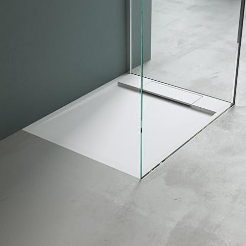 Mai & Mai Piatto Doccia in Marmo Resina Effetto Pietra Cemento | Superficie Antiscivolo | Forma Rettangolare, 70x90x4cm, Bianco, Geoma04