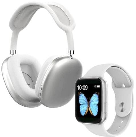 Pack Reloj Inteligente Deportivo con Auriculares Bluetooth Inalámbricos, Monitor de Ritmo Cardíaco, Resistente al Agua, Control de Actividad, Bluetooth 5.0 (Blanco)