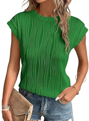 OOHOKAY Women's Crinkle Short Sleeve Top Casual Ruffled Blouse Loose Fit Summer Textured Tee Shirt(Green-p1,M)