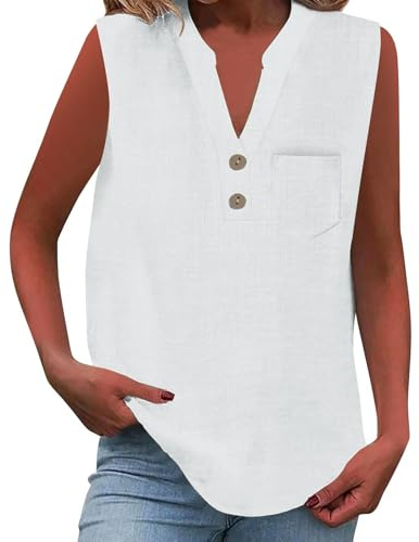Blusa de lino para mujer, de verano, de gran tamaño, sin mangas, elegante, holgada, cuello en V, camiseta de tirantes para mujer, adolescentes, niñas, tiempo libre, camisa de lino, tallas grandes