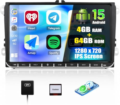 4+64G Android 15 Car Stereo for VW Polo Golf Caddy T5 Tiguan Skoda Seat, 9 inch Double Din Car Stereo Sat Nav Wireless Carplay Android Auto RDS FM EQ Bluetooth Mirror Link SWC