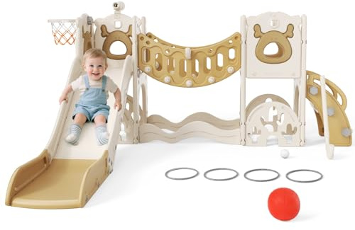 Kids Slide 7 in 1, Indoor and Outdoor, Toddlers Climber Freestanding Slides, vitality Elk element Toddler slide, Slide with climbing frame and basketball hoop, Garden Slide, khaki