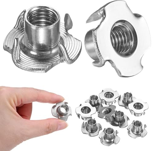 M METERXITY 10-pack T-mutter M10 x 12,7 mm, gänginsats med 4 rostfria stålklor för trä/klättringsuttag/möbler, korrosionsbeständiga fästen
